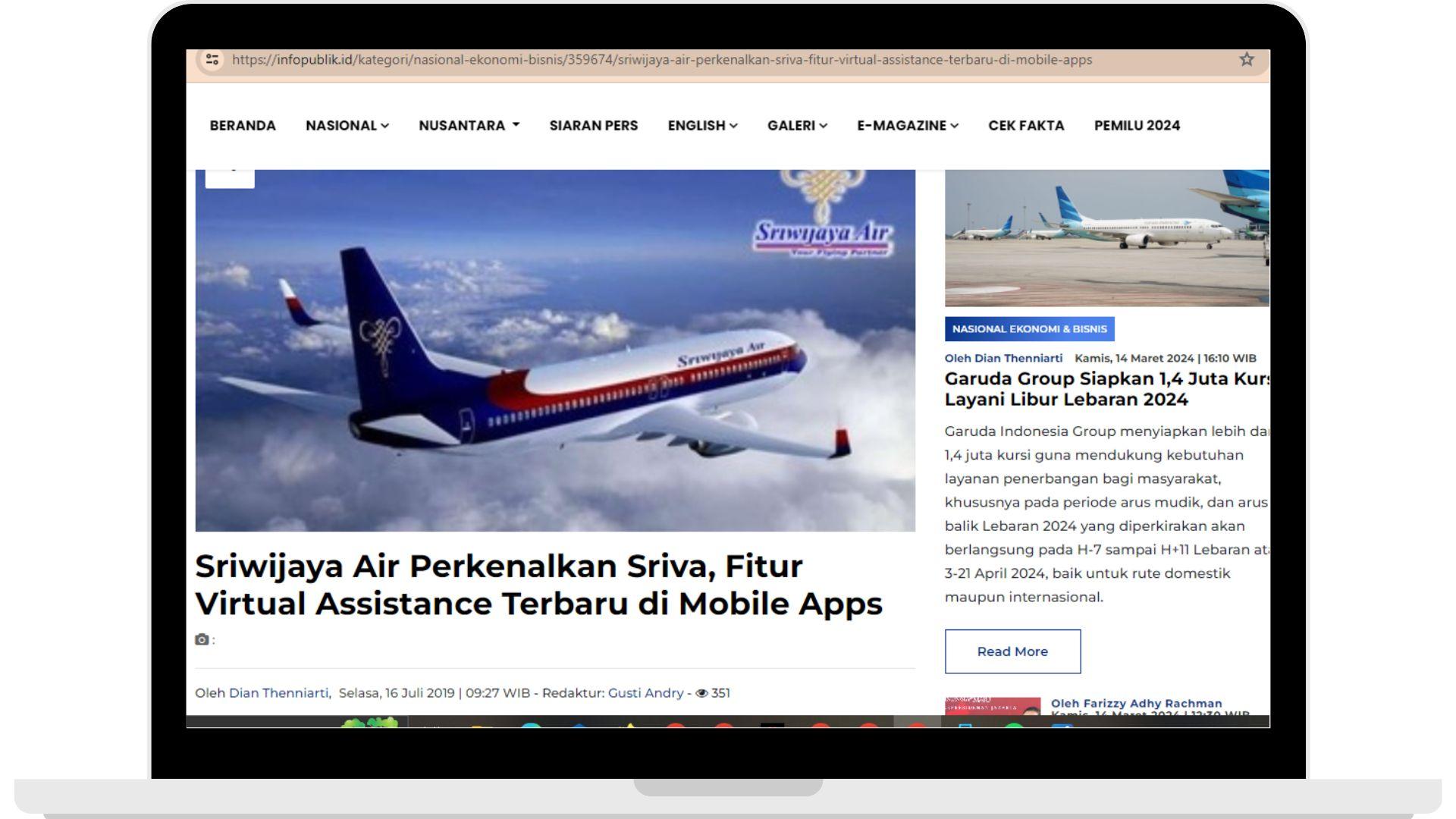 Sriwijaya Air Perkenalkan Sriva, Fitur Virtual Assistance Terbaru di Mobile Apps